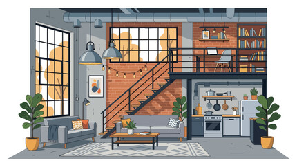 Industrial Style Open Plan Loft Apartment Interior with Brick Wall Mezzanine Kitchen Living Room and Home Office © hayati