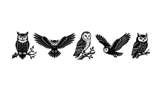 Five black and white owl silhouettes on white background flying and perched on branches