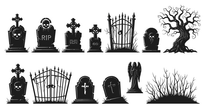Spooky Halloween cemetery silhouettes set, black graveyard tombstones and gothic gates vector, creepy dead tree and headstone icons for horror design