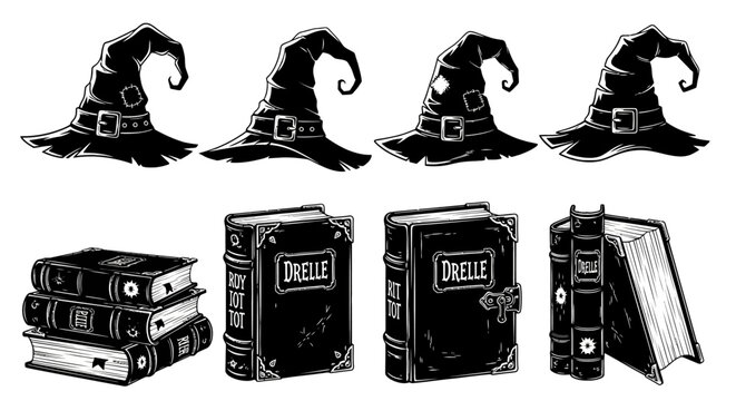 Vintage witch hats and magic spell books vector set, black and white wizard alchemy elements, occult grimoire and sorcerer hat illustrations