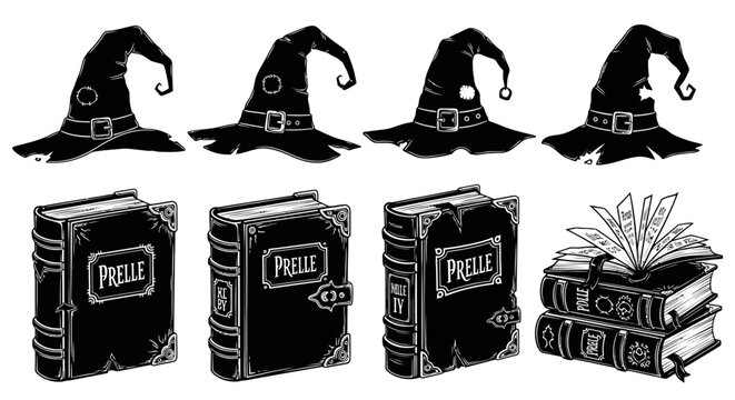Vintage witch hats and magic spell books vector set, mystical black and white wizard accessories, occult grimoire and sorcerer hat collection