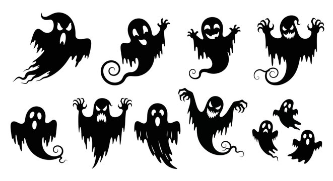 Spooky Halloween ghost silhouettes set, black flying phantom vector icons, collection of scary spirit characters for holiday party decorations