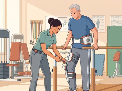 A trainer assists an older man in a rehabilitation center. They work with a device on the man's leg. The setting includes exercise equipment and diagrams on walls