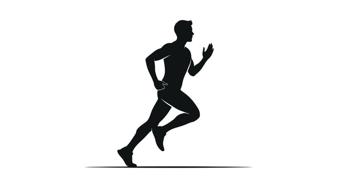 Athletic male runner silhouette, black vector sprinter icon on white background, professional athlete running in side profile view for sports branding