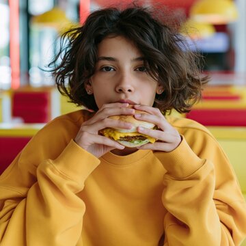 Young person eating cheeseburger in colorful diner interior for banner design and menu background