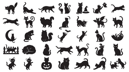 Fototapeta premium Halloween Black Cat Silhouette Vector Icon Set Spooky Feline Collection Editable Stroke