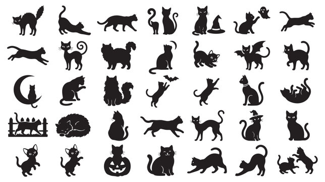 Halloween Black Cat Silhouette Vector Icon Set Spooky Feline Collection Editable Stroke