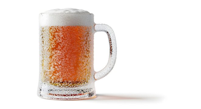 A frosty, chilled beer mug with condensation, isolated on white.