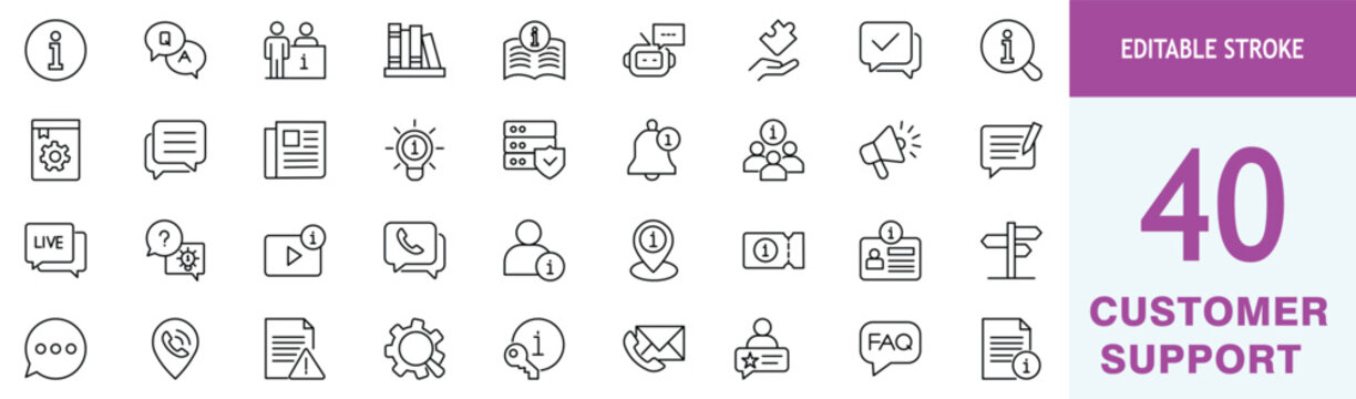 Information and Customer Support Editable Outline Icon Set. Help Desk, Call Center, FAQ, Assistance and Technical Service Line Icons. Editable Stroke Vector Illustration.