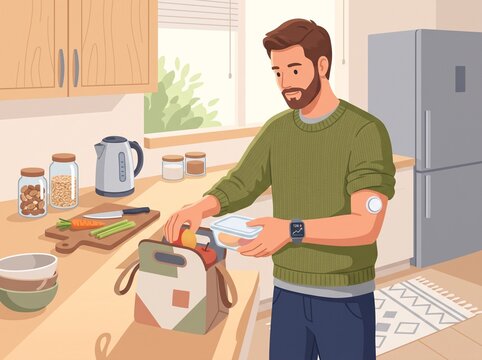 A man stands in his kitchen. He is taking food out of a bag while surrounded by items like jars, bowls, and utensils on the counter. The sun shines in through the window