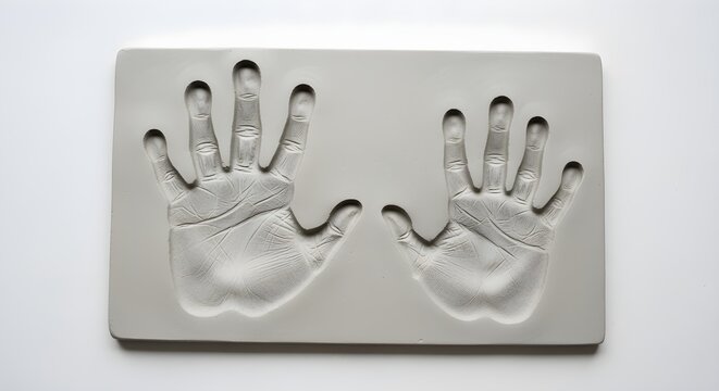 A gorilla's handprint in clay next to a human handprint, showing similarity, on white.