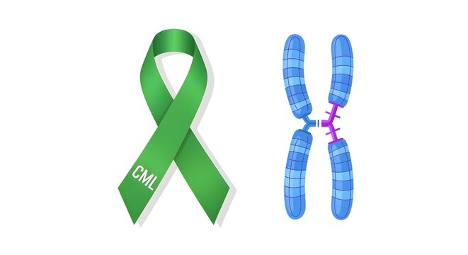 A green awareness ribbon (CML color) and a stylized graphic of the Philadelphia chromosome, on white.