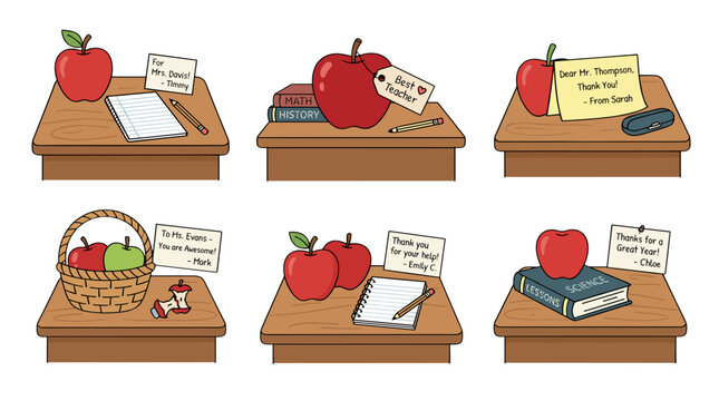 Collection of apples on desks with notes books and writing supplies in various arrangements