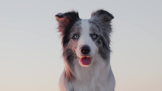 A Border Collie dog looks toward camera during sunset outdoors. Soft pastel sky and warm light create cinematic portrait atmosphere.