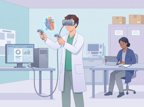 A person in a lab coat uses virtual reality equipment to interact with a digital heart model. Another person sits at a desk, looking at data on a computer