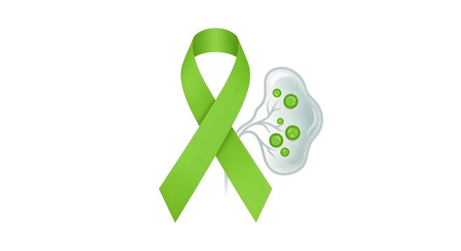 A lime green awareness ribbon and a stylized image of a lymph node, on white.