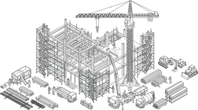 Construction Site Isometric Line Art Vector Illustration with Building Structure Crane and Workers