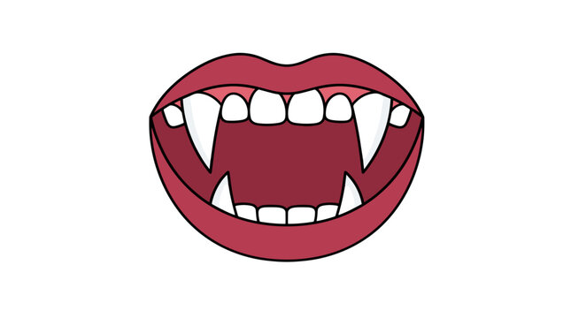 Illustration of a vampire mouth with sharp fangs and red lips