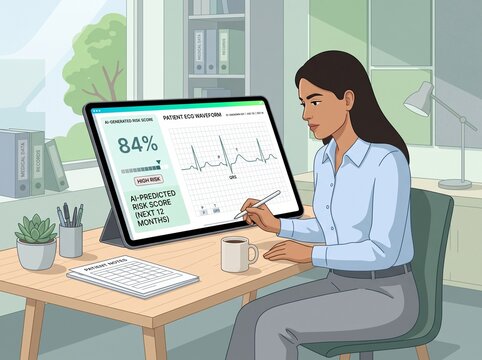A person sits at a desk in an office. They study patient ECG data on a computer screen. The room has shelves filled with books and a plant on the table