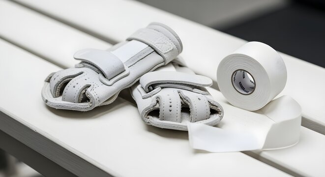 A pair of chalked-up gymnastics grips and a roll of athletic tape, on a white bench.