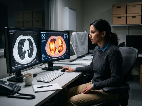 A medical professional sits at a desk in an office. The person is focused on dual monitors displaying CT scans. It is evening, and the workspace is well-organized