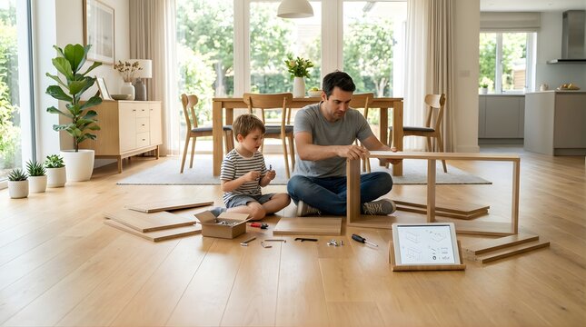 Father and son assembling flat pack wooden furniture in living room