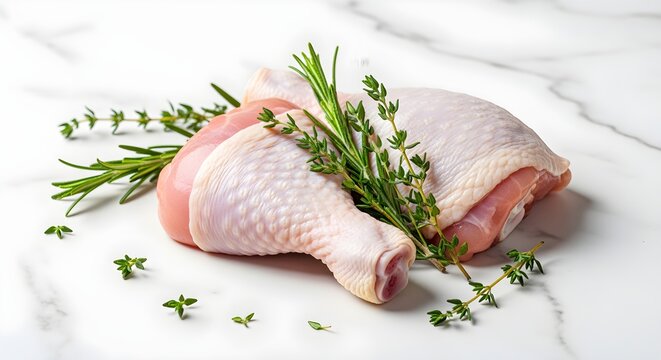 A raw, skin-on chicken drumstick and thigh, artfully arranged with fresh rosemary and thyme on a white marble surface.