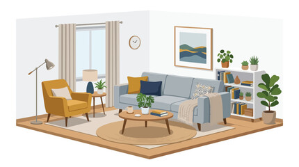 Fototapeta premium Modern Cozy Living Room Interior with Blue Sofa Yellow Armchair House Plants and Minimalist Furniture