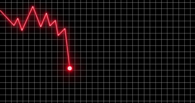 Glowing neon line graph downwards against black background animation. Stock market losses and descending trading graph and downward arrows recession
