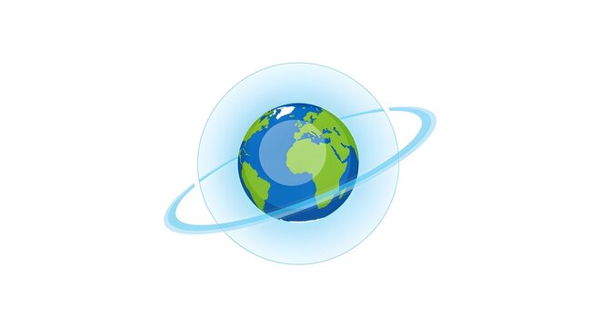 A simple graphic of the Earth with a protective ozone layer shield around it, on white.