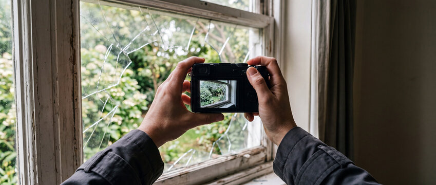 Photographer capturing broken window view with camera through cracked glass framing green garden outside