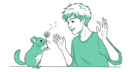 Young person interacting with chinchilla holding dandelion illustration