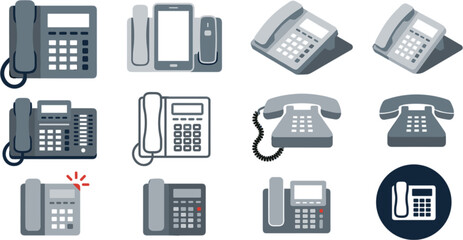 Fototapeta premium Office desk phone icon vector illustration set featuring landline telephones digital screens isometric angles and line art designs
