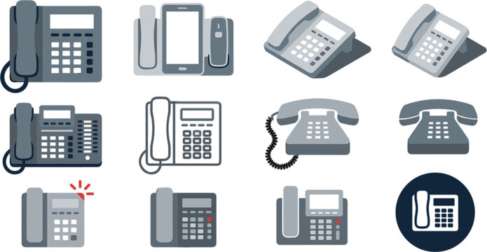 Office desk phone icon vector illustration set featuring landline telephones digital screens isometric angles and line art designs