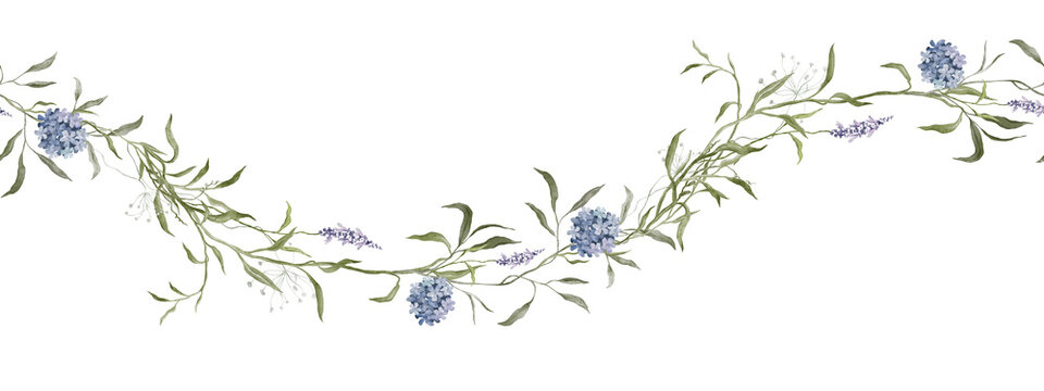 Watercolor seamless ornament with blue hydrangea and lavender sprigs connected by delicate vines. Botanical border horizontally. For wedding invitations, stationery or decorative wall stencil
