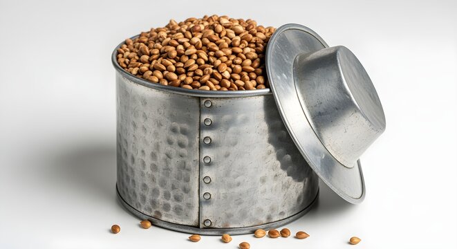 A tin pot (like Johnny's hat) filled with apple seeds, on a white surface.