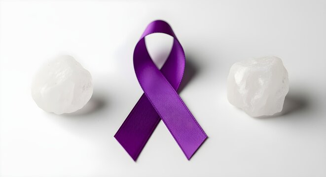 A violet awareness ribbon (CF color) and two salt crystals, symbolizing the "salty kiss" symptom, on white.