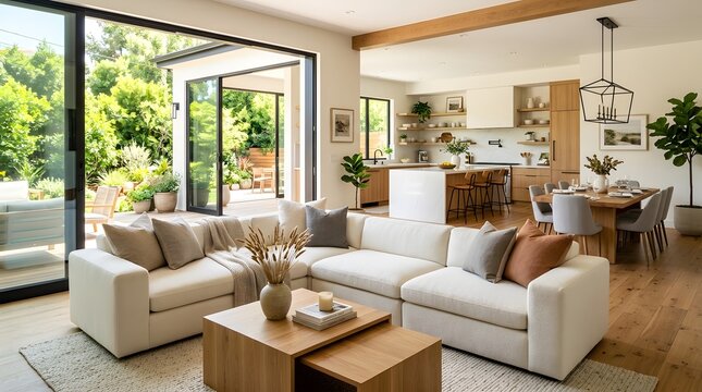Modern open plan living room with comfortable sofa and dining area looking out to a lush garden
