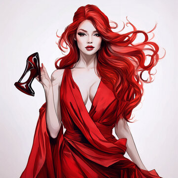 Red haired woman holding high heel shoe