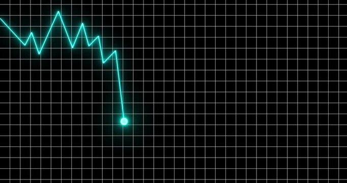Glowing neon line graph downwards against black background animation. Stock market losses and descending trading graph and downward arrows recession
