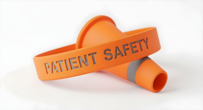 An orange (awareness color) wristband with "Patient Safety" engraved on it, on white.
