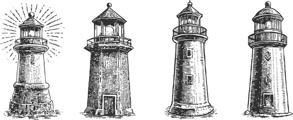 Obraz premium vintage lighthouse engraving set four detailed maritime coastal tower illustrations