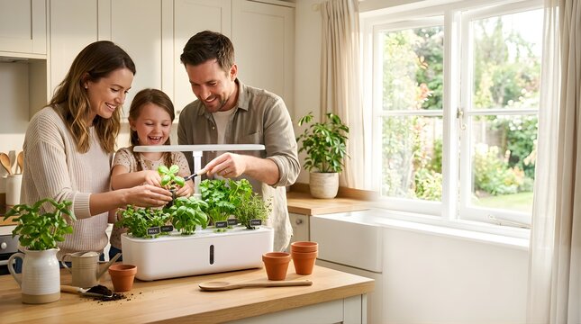 Happy family tending to a smart indoor herb garden in a bright kitchen