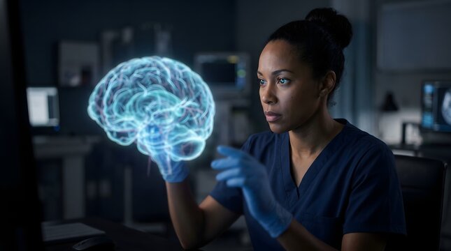 Focused female physician examining glowing holographic human brain display futuristic medical facility healthcare advancement.