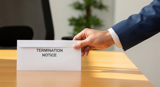 Termination notice letter handed over by employer, business manager firing employee with layoff envelope on office desk
