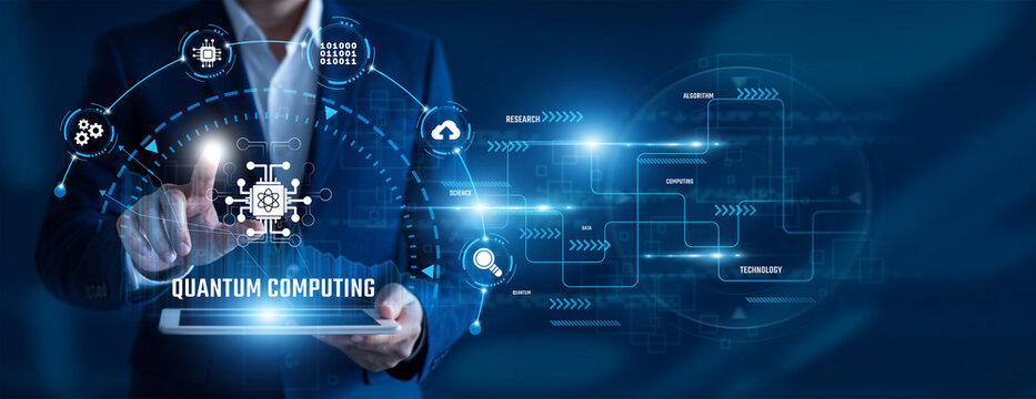 Quantum Computing Engineer using tablet analysing Quantum Computing data. Advanced algorithms, quantum systems, scientific research, high performance computing, future technology, innovation.