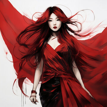 Woman with flowing red hair in artistic illustration