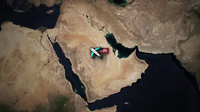 Airplane flying from Riyadh to Rome Flight Path Map Animation