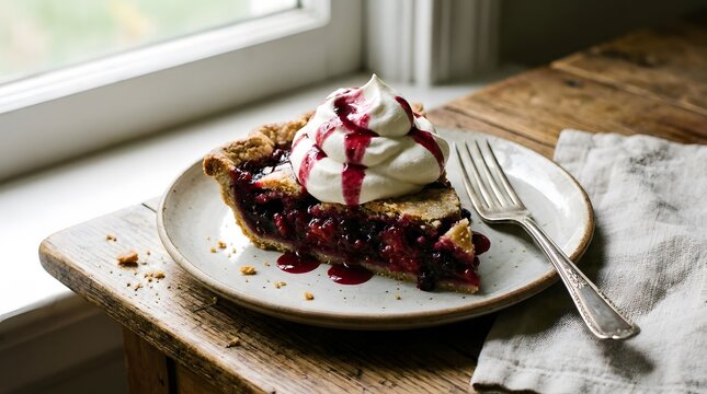 Delicious raspberry cream pie slice. Fresh dessert with whipped cream perfect for National Raspberry Cream Pie Day