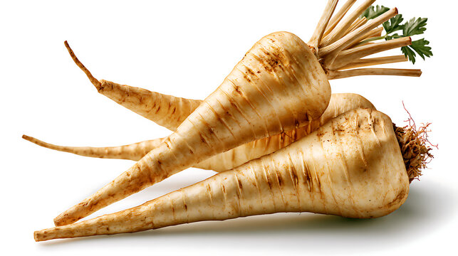 Parsnip roots are long, creamy white, with fine root hairs and small horizontal grooves, with attached green leafy tips.
